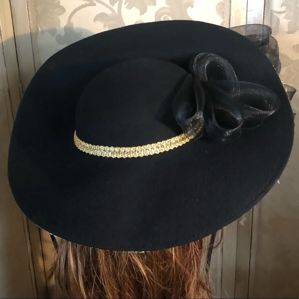 Vintage Couture Wide Brim Black & Gold Hat - Picture 6 of 14